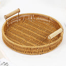 Woven rattan storage tray with wooden handles