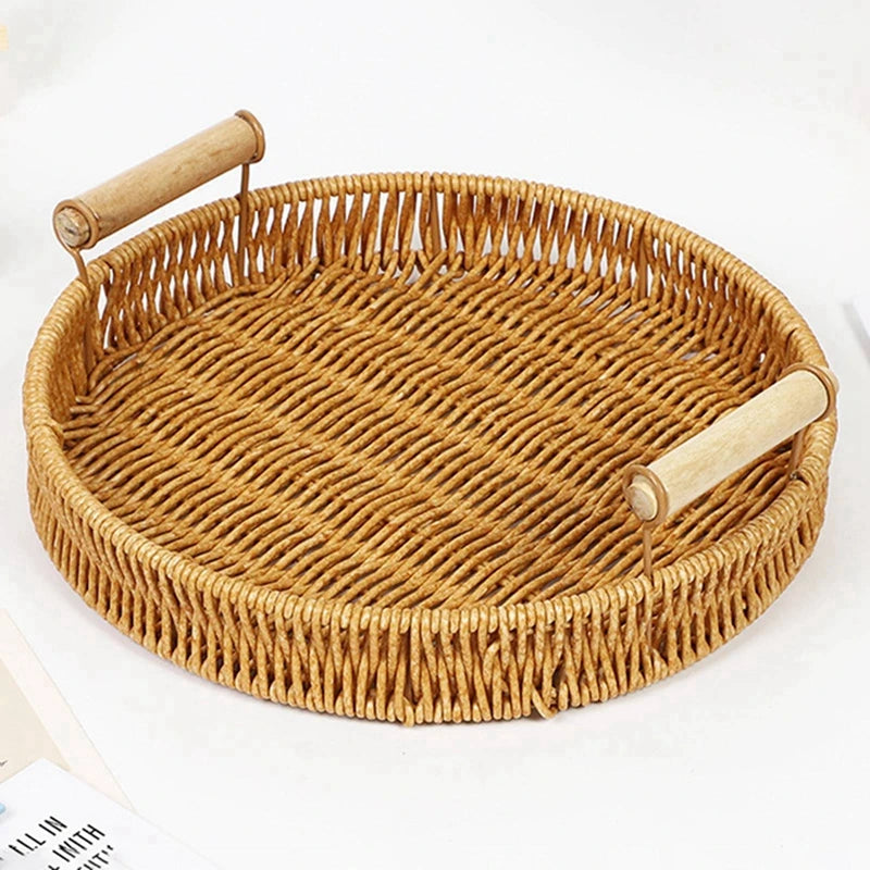 Woven rattan storage tray with wooden handles - vue 4 sur 11