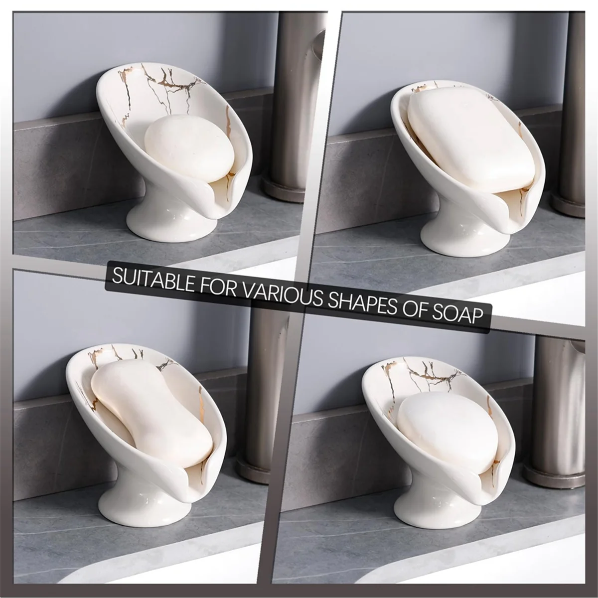 Soap Dish, Ceramic Soap Holder Self Draining Marble Look Leaf-Shape Soap Dishes for Bathroom,White - vue 6 sur 6