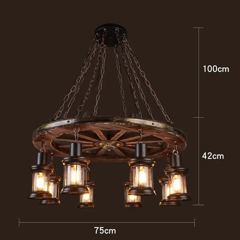 Retro wood industrial style chandelier for café and restaurant - vue 13 sur 24