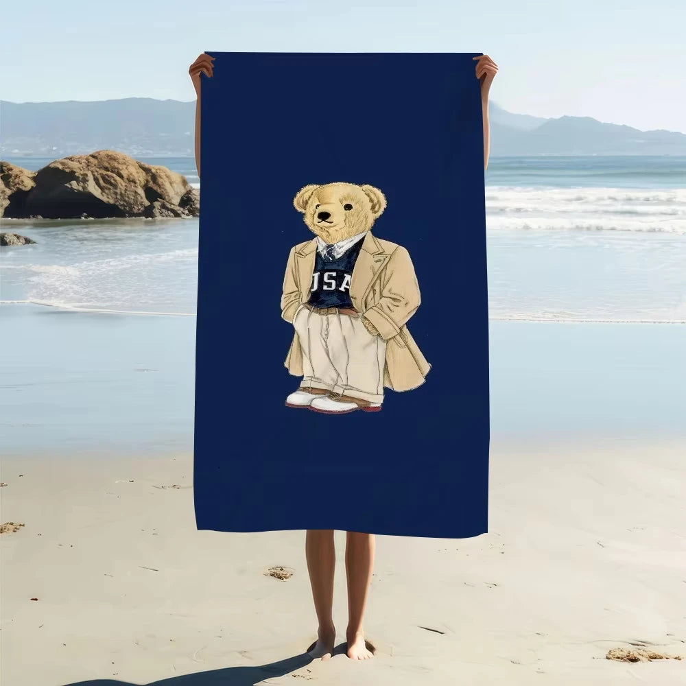 Quick-dry beach towel with bear pattern, lightweight