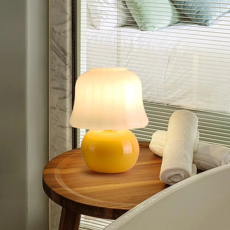 Handmade glass mushroom bedside lamp for a warm home atmosphere