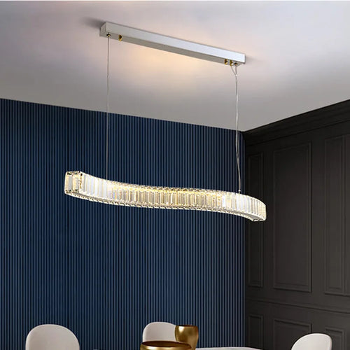 Modern steel chandelier with crystals and suspended LED lights - vue 5 sur 8