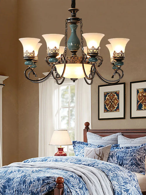 European retro ceramic chandelier with glass shade - vue 5 sur 21
