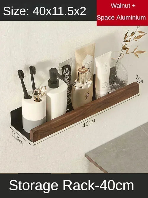 Wood and aluminium wall-mounted towel rack and shower accessories organiser - vue 12 sur 16