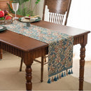 Green jacquard floral country table runner with tassels