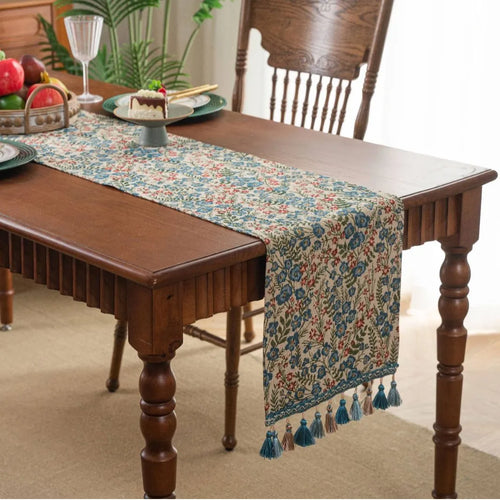 Green jacquard floral country table runner with tassels