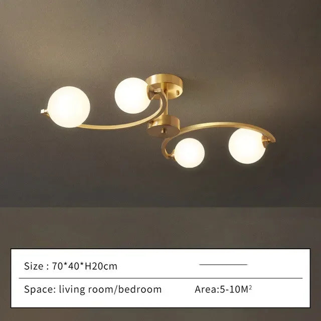Modern gold copper ceiling light with glass ball and LED - vue 7 sur 10