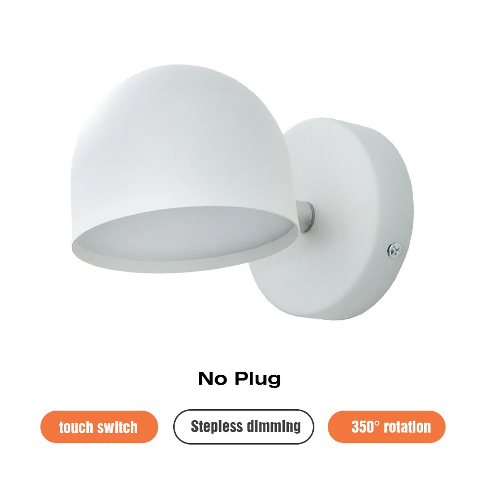 LED wall light with 350° rotary touch dimmer and bedside socket