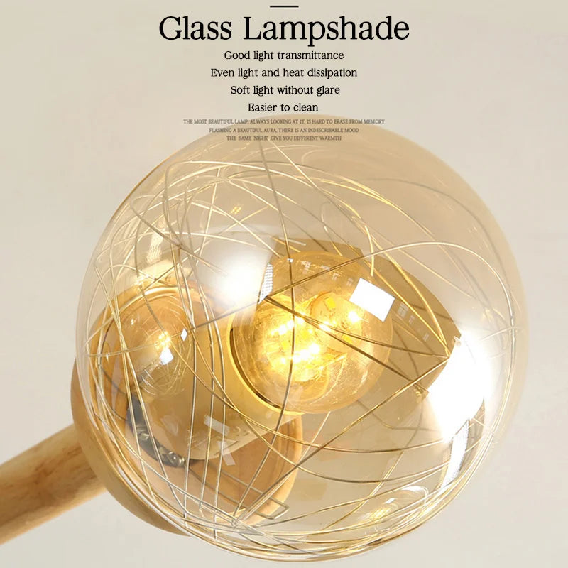 Modern wooden chandelier with glass lampshades for home decor - vue 4 sur 10