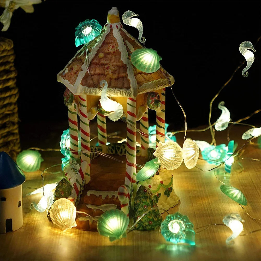 Decorative seashell and starfish LED string lights - vue 5 sur 8