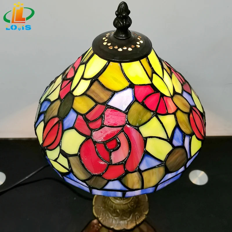 Tiffany style bedside lamp with antique red enamelled flowers