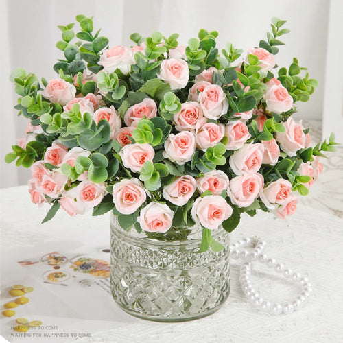 Set of 10 artificial roses bouquet with eucalyptus and peonies decorative - vue 2 sur 10