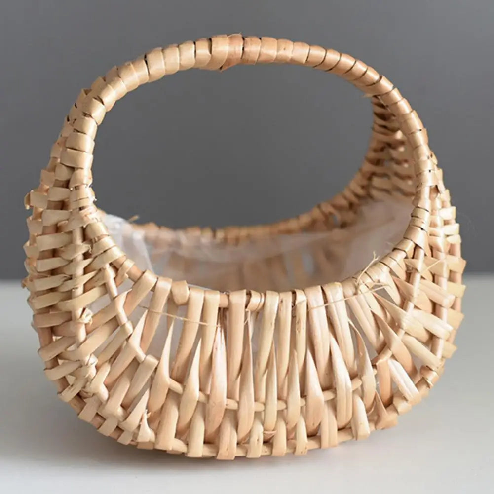 half-moon rattan flower basket with handle for picnic and decoration