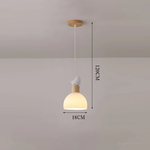Wood LED chandelier with white glass shade - vue 9 sur 8