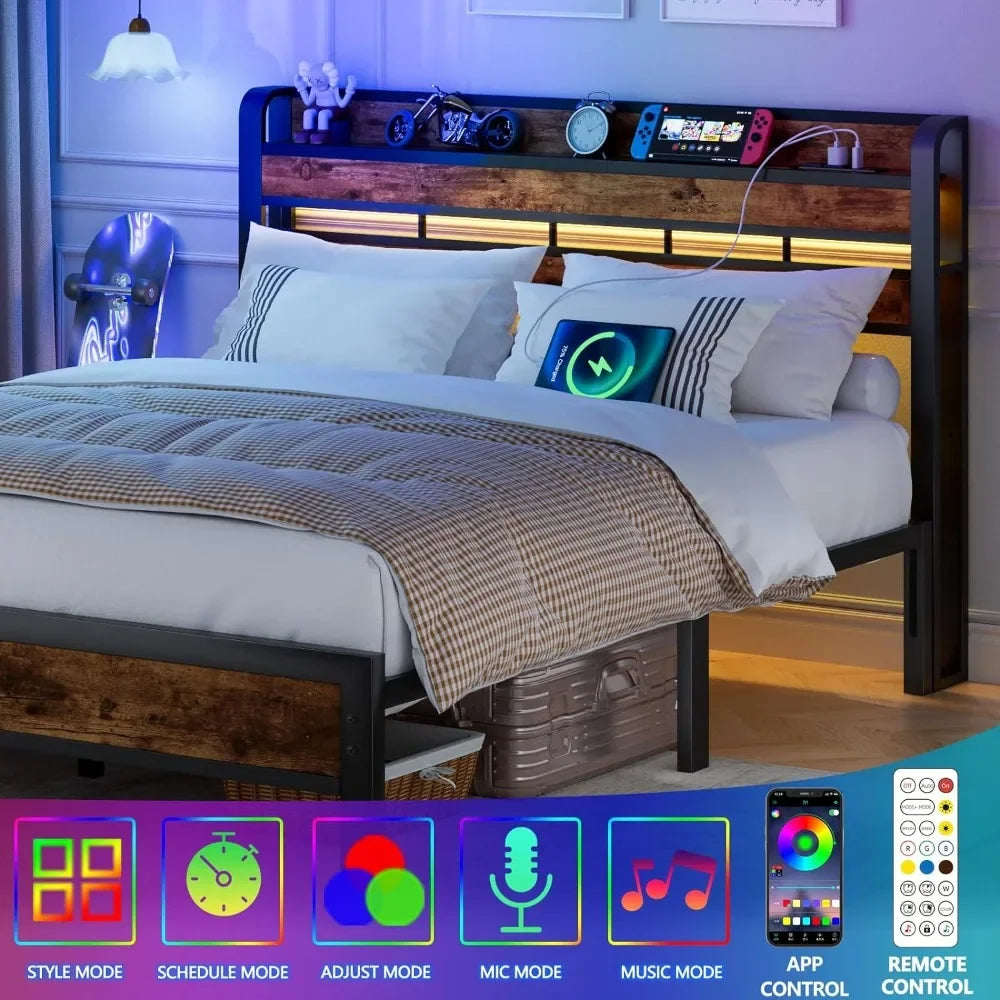 Queen Size Headboard with Storage Shelf and LED Light, USB Port and Charging Station, Sturdy Metal Frame &amp; Wood Shelf