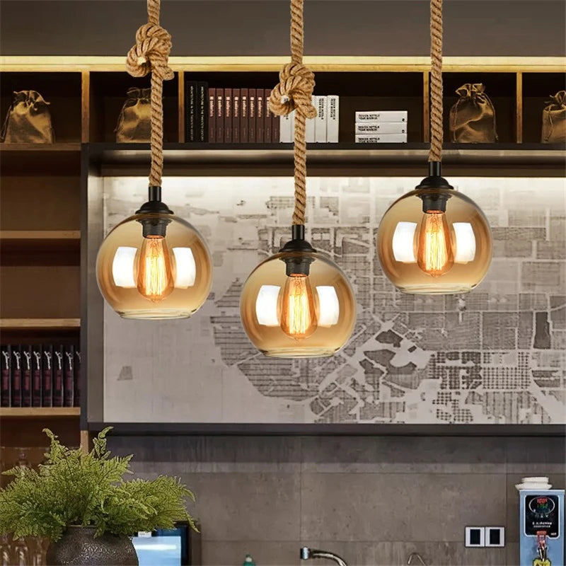 Hemp rope glass ball LED pendant light, hand-woven