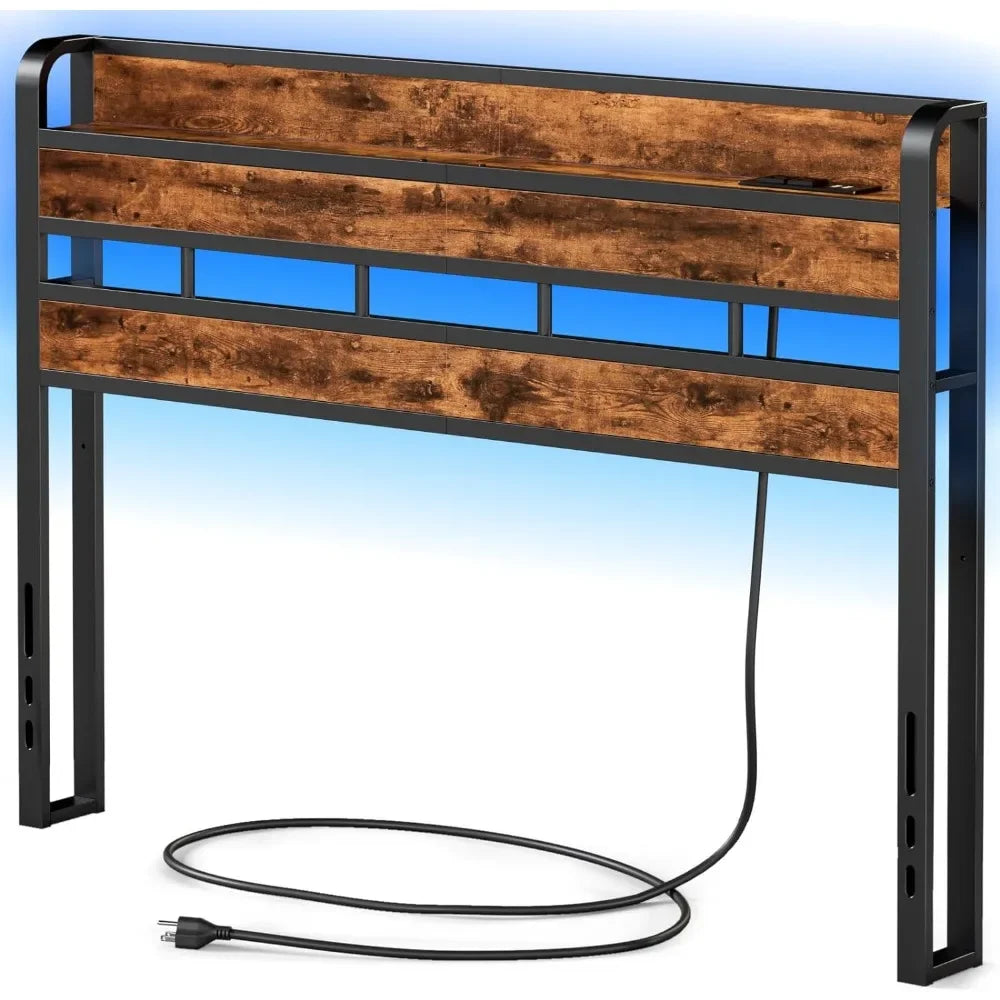 Queen Size Headboard with Storage Shelf and LED Light, USB Port and Charging Station, Sturdy Metal Frame &amp; Wood Shelf
