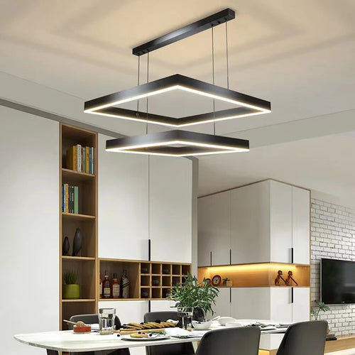Modern square LED chandelier for living room, dining room, bedroom, kitchen, black rectangular ceiling pendant light - vue 3 sur 18