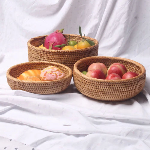 HEMU-Round Rattan Woven Basket, Wicker Fruit Basket, Bread Food, Kitchen Home Decor Organizer - vue 13 sur 12