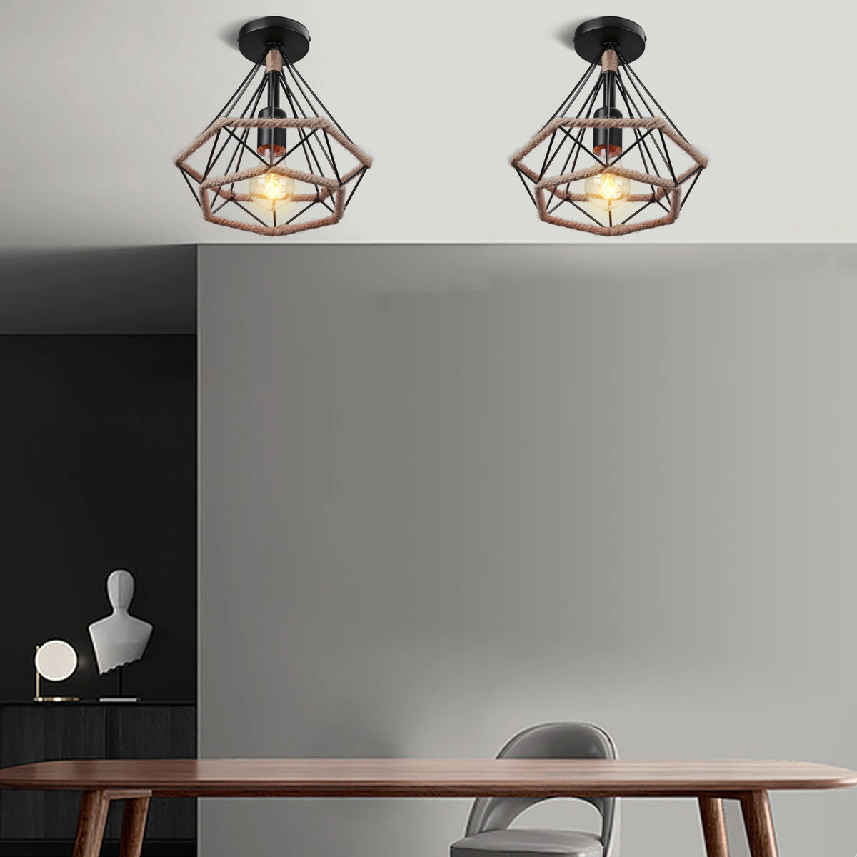 Retro metal ceiling light with hemp rope for vintage interiors - vue 3 sur 15