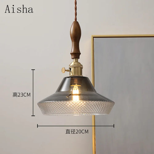 Walnut and glass pendant light for modern interiors - vue 7 sur 8
