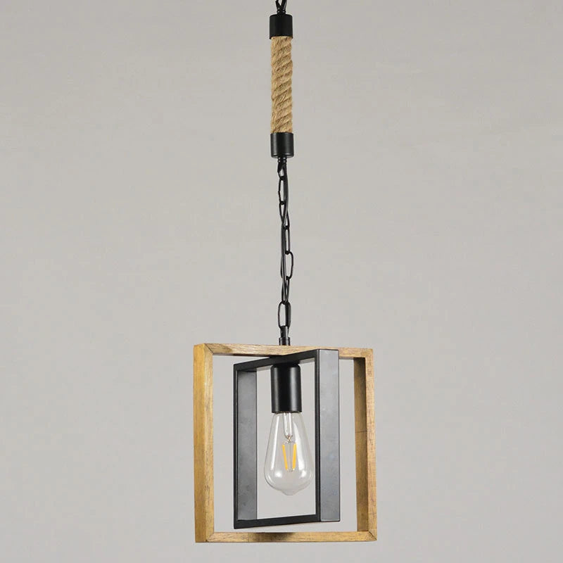 Vintage loft pendant light in wood and metal for kitchen - vue 8 sur 9