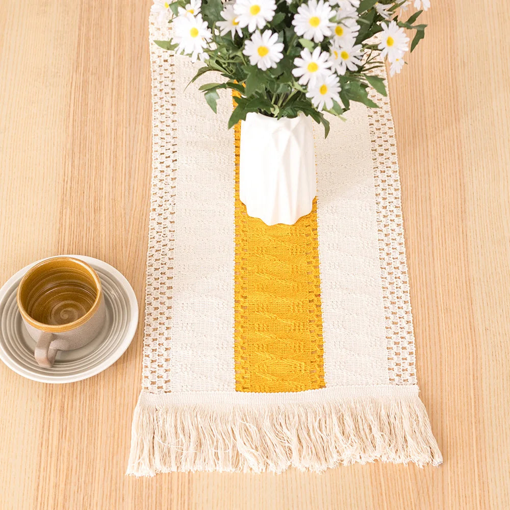 Plaid cotton and linen table runner for dining room