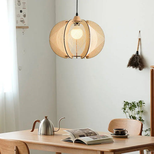 Fabric and wood pendant light for shop and hotel - vue 3 sur 10