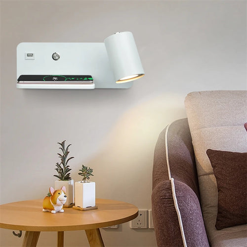 Modern LED wall light with USB and wireless charging