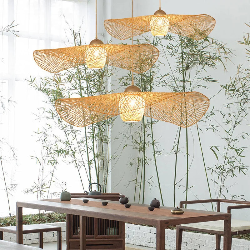 Vintage rattan pendant light japanese style for dining room and restaurant e27 hanging lamp