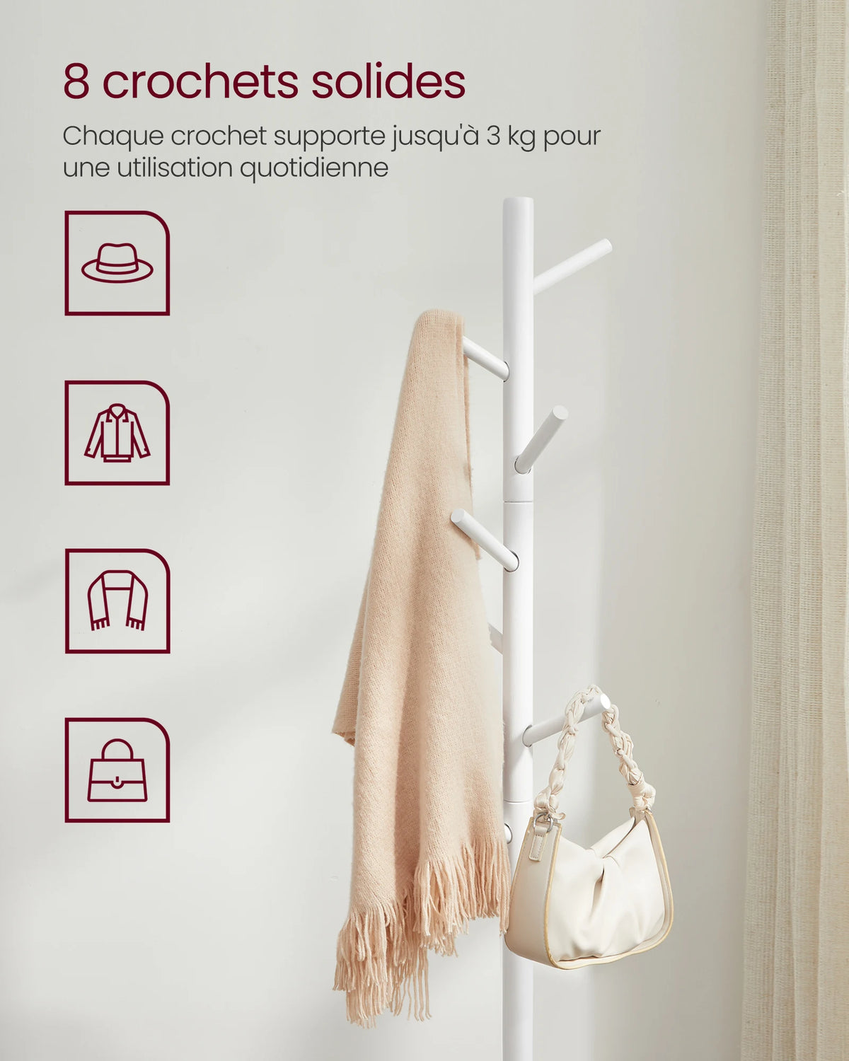 VASAGLE Standing Coat Rack, Solid Wood Coat Rack, Tree-Shaped Coat Rack with 8 Hooks, 3 Height Options, for Clothes, Hats, Bags - vue 2 sur 7