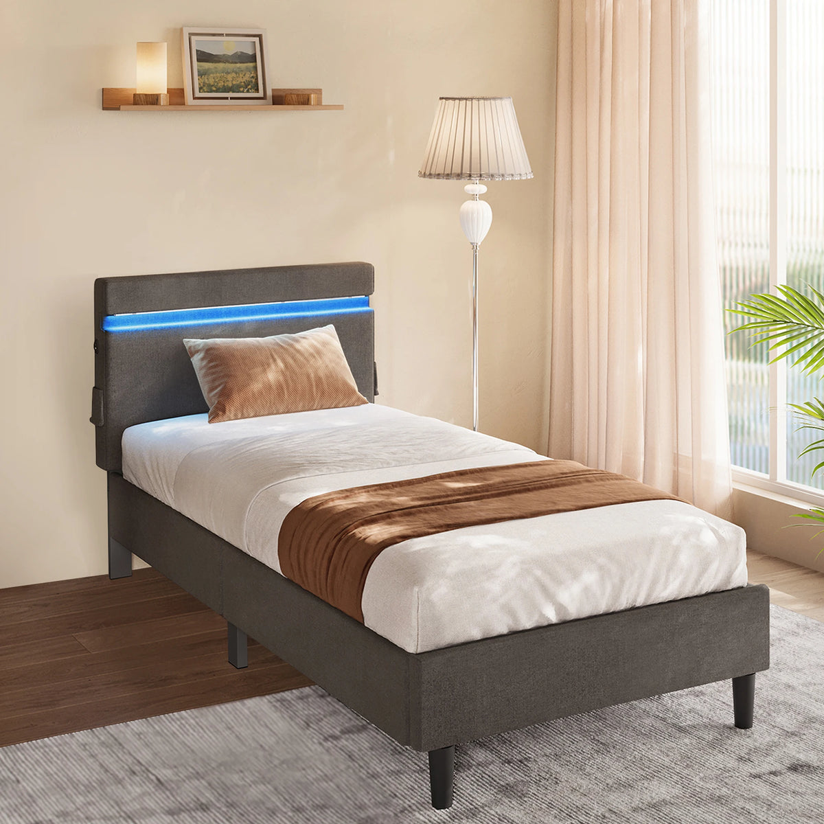 VASAGLE Metal Single Bed, 90 x 190 cm, Bed Frame, with Headboard, LED Lighting, USB and Type-C Port, Modern Style - vue 3 sur 7