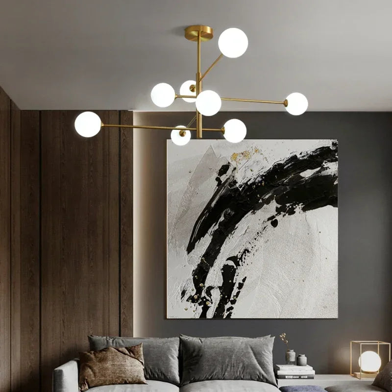 Modern LED copper chandelier with frosted glass ball - vue 3 sur 12