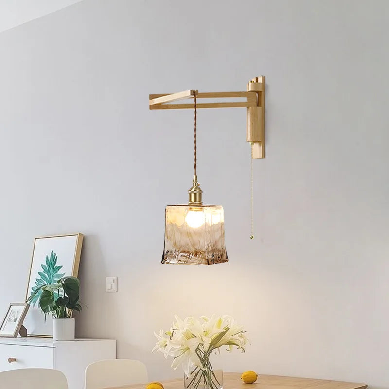 Glass, wood and ceramic wall light with foldable swivel arm