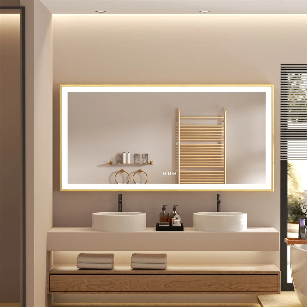 Illuminated mirror with gold frame and three-colour dimmable anti-fog LED lights