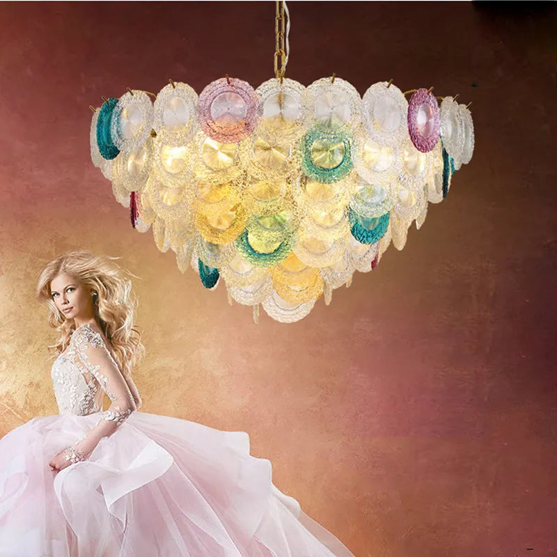 Postmodern iron and coloured glass LED chandelier - vue 5 sur 6