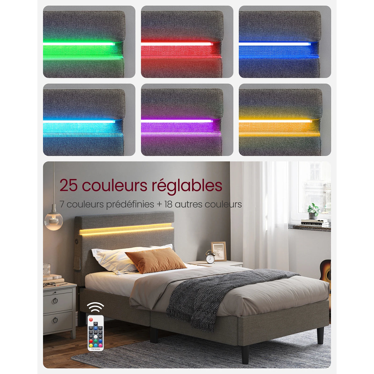 VASAGLE Metal Single Bed, 90 x 190 cm, Bed Frame, with Headboard, LED Lighting, USB and Type-C Port, Modern Style - vue 6 sur 7