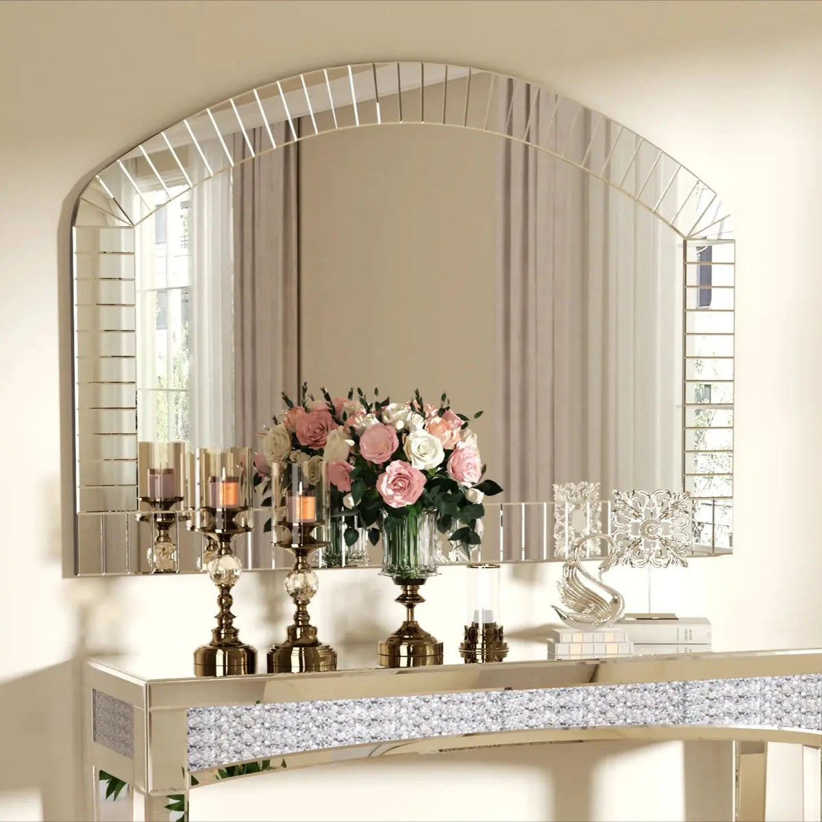 Large Silver Arched Wall Mirror, Silver Glass, Decorative Venetian Accent Mirror, Home Living Room Decor, Bling Beveled Edge - vue 2 sur 7