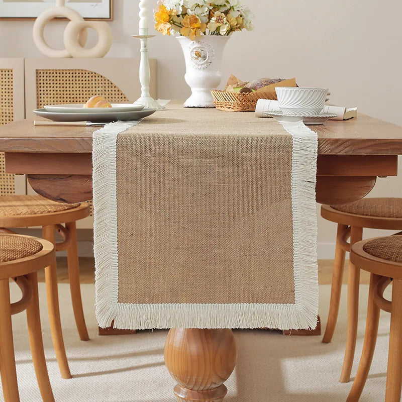Rustic beige macramé table runner, bohemian style