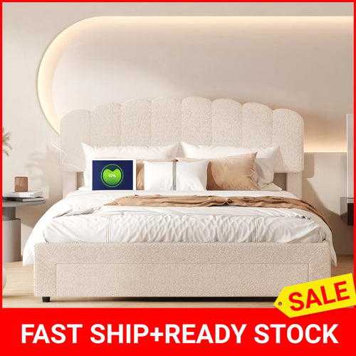 Bubble Bed, Double Bed, Teddy Velvet Fabric, with USB &amp; LED, Drawer Bed, with Storage Space, Beige, 140x200 cm - vue 2 sur 6