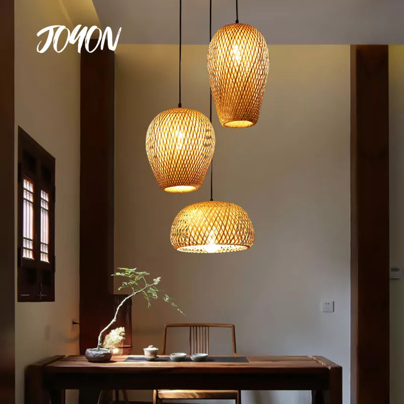 Handwoven bamboo pendant light retro dining room lantern E27 decorative ceiling fixture