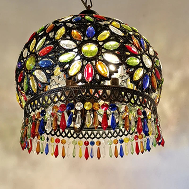 Vintage crystal chandelier with colourful glass for bohemian décor