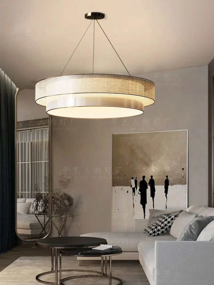 Chinese zen style circular chandelier with fabric engineering lighting - vue 5 sur 8