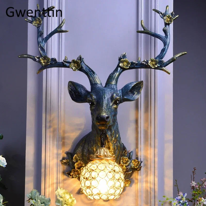 Lucky Deer decorative resin and wood indoor wall light