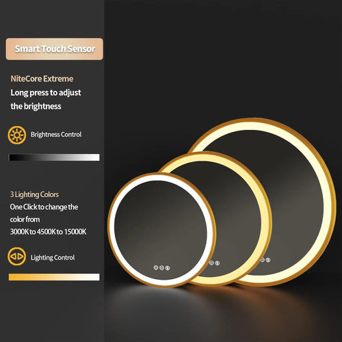 Round illuminated mirror with gold frame and memory function - vue 6 sur 8