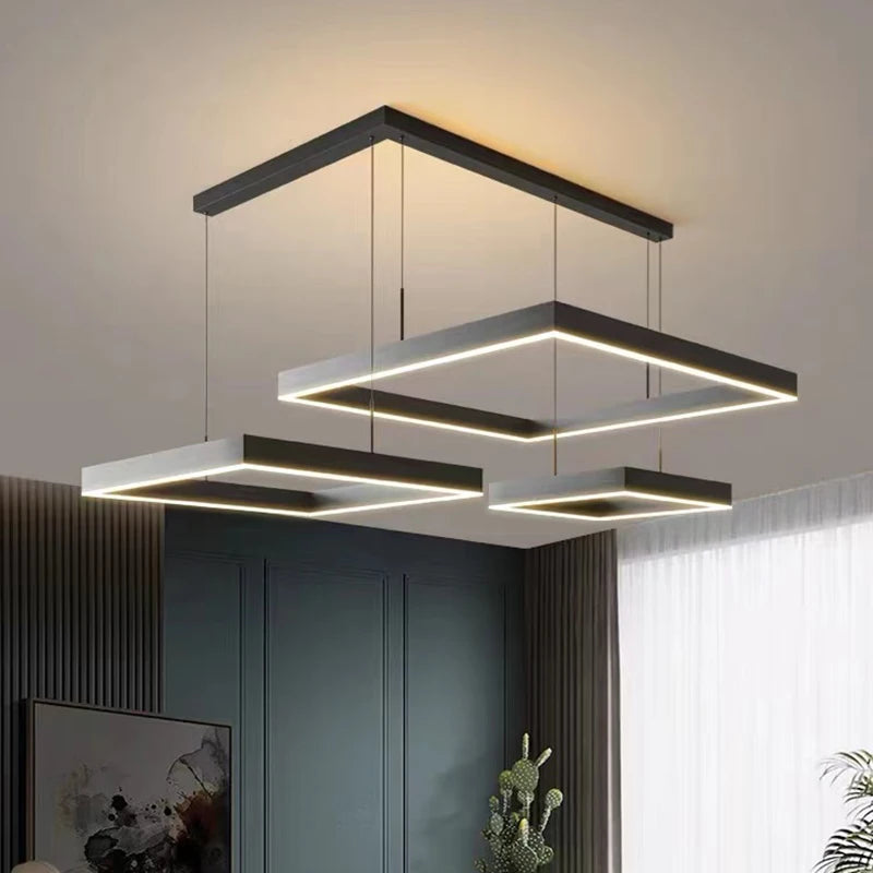 Modern square LED chandelier for living room, dining room, bedroom, kitchen, black rectangular ceiling pendant light - vue 4 sur 18