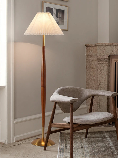 Modern walnut wood and fabric decorative floor lamp - vue 3 sur 17