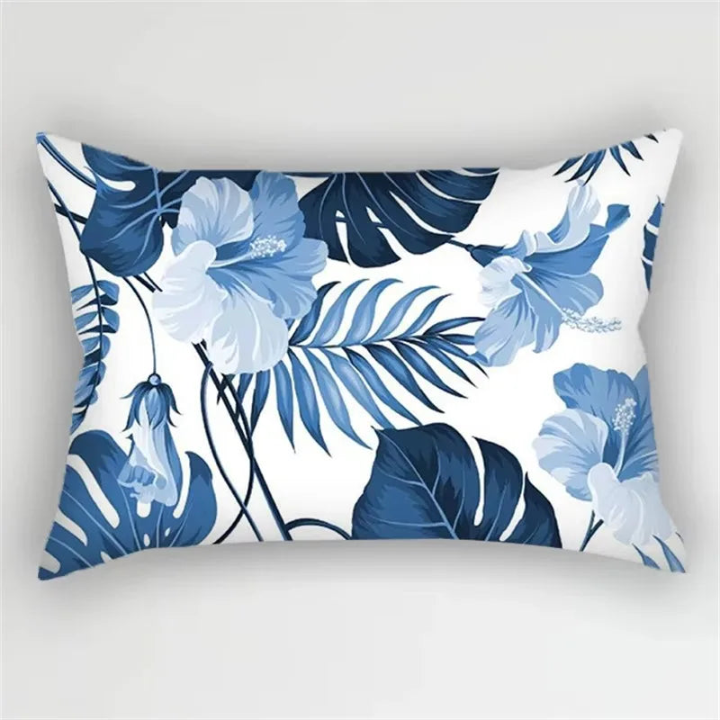 Rectangular pillowcase with blue floral striped pattern