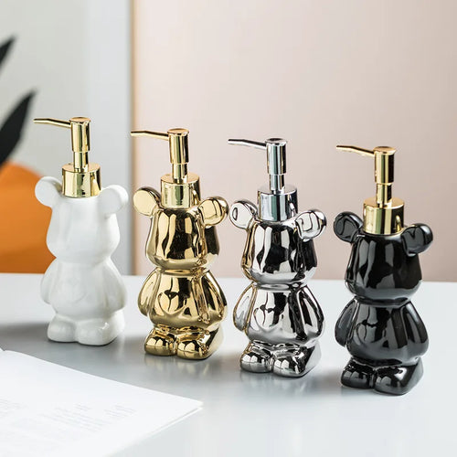 Bear Shape Ceramics Soap and Gel Dispenser, Creative Gold Silver, 200ml Empty Shampoo Bottle, Bathroom Storage Accessories - vue 5 sur 10
